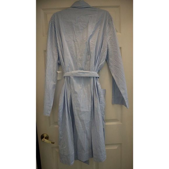 Club Room Men's Sz L/XL Light Blue Gingham Pattern Woven 100% Cotton Lounge Robe - Picture 2 of 6